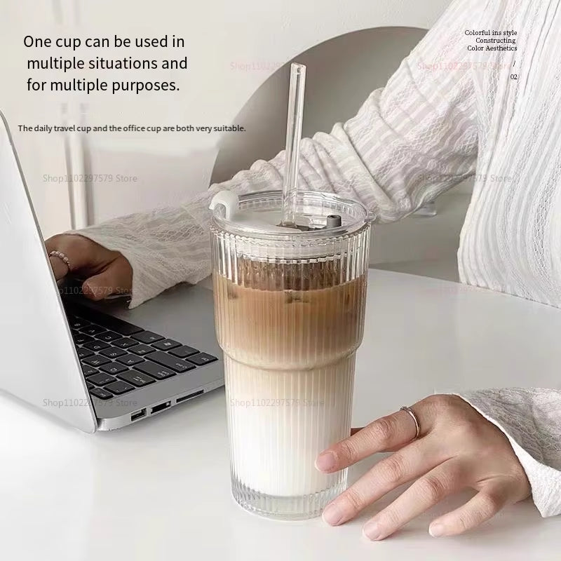 Large Capacity Cold Drink Cup, Milk Tea Cup, Straw with Lid Glass Vertical Striped Juice Coffee Cup Home Office