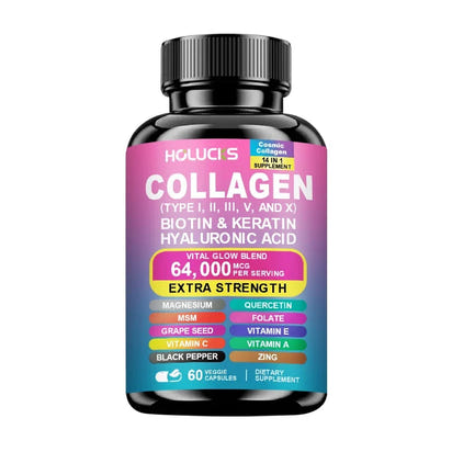 Collagen Pills Keratin Hyaluronic Acid MSM Vitamin a Vitamin C Vitamin E Folate Zinc Magnesium with Grape Seed Extract Capsules