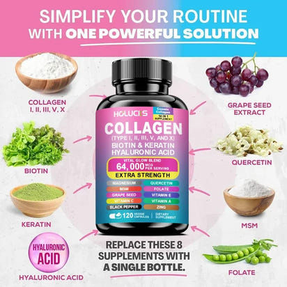 Collagen Pills Keratin Hyaluronic Acid MSM Vitamin a Vitamin C Vitamin E Folate Zinc Magnesium with Grape Seed Extract Capsules