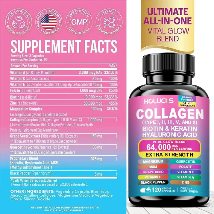 Collagen Pills Keratin Hyaluronic Acid MSM Vitamin a Vitamin C Vitamin E Folate Zinc Magnesium with Grape Seed Extract Capsules