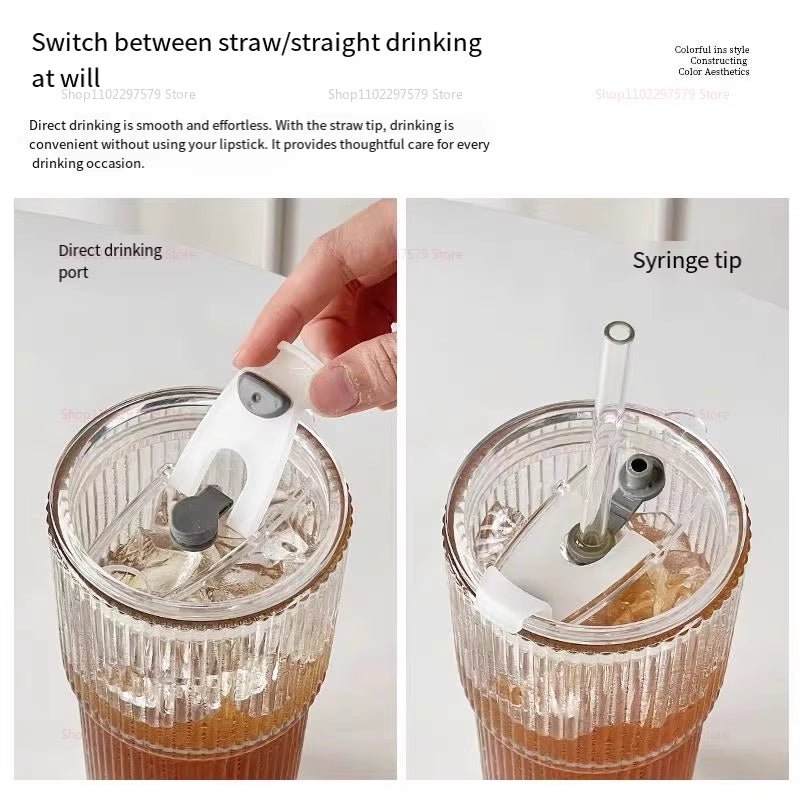 Large Capacity Cold Drink Cup, Milk Tea Cup, Straw with Lid Glass Vertical Striped Juice Coffee Cup Home Office